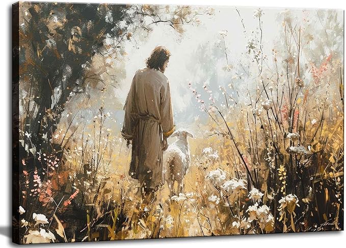 1Pcs Vintage Framed Jesus Lamb Paintings Canvas Wall Art Shepherd Flock Paintings Christian Wall Decor Modern Pictures Religious Art Print for Living Room Bedroom Decoration12inx16in