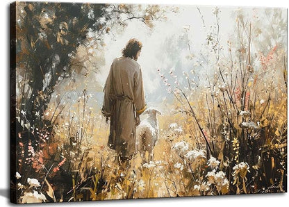 1Pcs Vintage Framed Jesus Lamb Paintings Canvas Wall Art Shepherd Flock Paintings Christian Wall Decor Modern Pictures Religious Art Print for Living Room Bedroom Decoration12inx16in