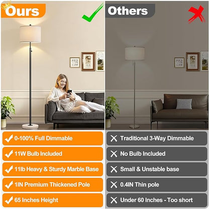Nintiue Dimmable Floor Lamp for Living Room, 11W LED Bulb Included, Modern Standing Lamp with Marble Base, Tall Pole Light with White Linen Shade for Bedroom Reading Office Corner Nursery-Black