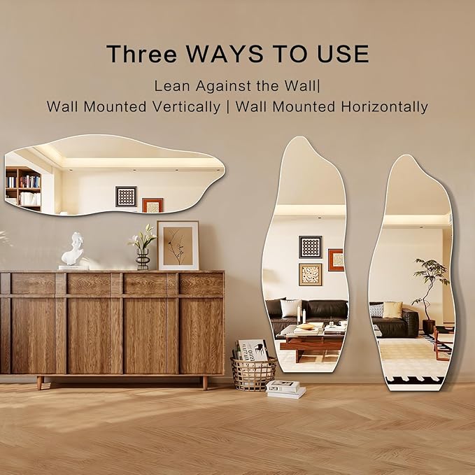 Niccy 65"×24" Frameless Wavy Full Length Mirrors, Long Wall-Mounted Mirror for Living Room, Large Full Body Floor Mirror, Explosion-Proof Tall Hanging-Mirror for Bathroom Bedroom Entryway Decor