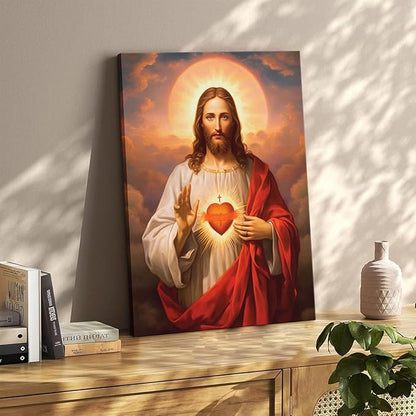 Sacred Heart of Jesus Canvas Wall Art Divine Mercy Painting Picture Wall Decor Religious Christ Jesus Portrait Poster Prints Artwork for Dining Living prayer Room Bedroom Home Decor 12x16in canvas