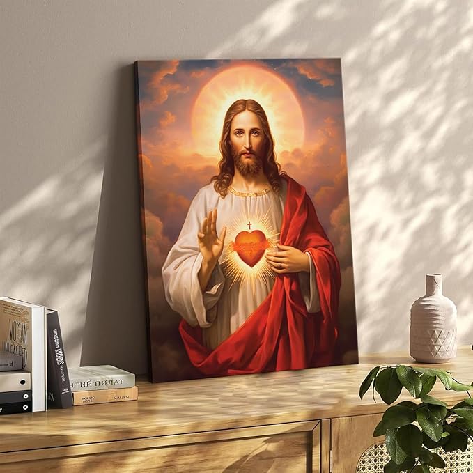 Sacred Heart of Jesus Canvas Wall Art Divine Mercy Painting Picture Wall Decor Religious Christ Jesus Portrait Poster Prints Artwork for Dining Living prayer Room Bedroom Home Decor 8x10in canvas