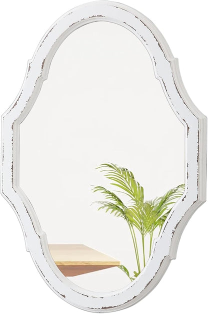 Vintage Oval Bathroom Mirror 22 X 30 Inch, Hanging Distressed White Rustic Scalloped Decorative Wall Mirrors, Unique Wood Mirrors for Wall Decor Living Room Entryway, Horizontal or Vertical