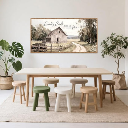 Aurlan Country Roads Take Me Home Wall Art(40"x20"), Neutral Countryside Cottage Cabin Farmhouse Old Barn Canvas Artwork, Large Vintage Rustic Nature Meadow Field Landscape Decor for Home Dining Room