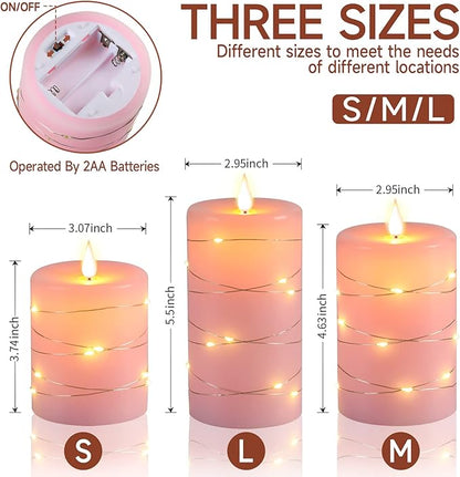 Upinmz Flickering Flameless Candles with Embedded String Lights, Battery Operated Candles with Remote Control and Timer,LED Candles for Home Decoration,Real Wax, 3 Pack Pink