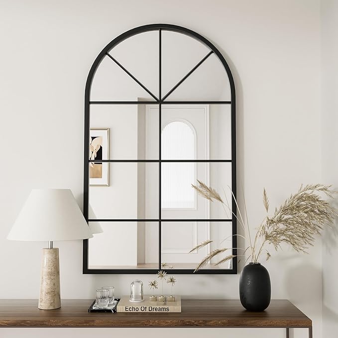 Rowjut Arched Wall Mirror Wall Decorative/Iron Framed Window Pane Mirrors,42" x 24" Window Mirror, Arched Top Wall Mirror for Entryway Living Room, Bedroom, Fireplace .(Deep Black)