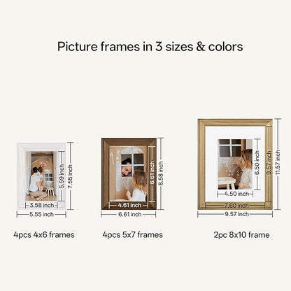 eletecpro Gallery Wall Frame Set of 10, Multiple Sizes Solid Wood Picture Frames Collage Wall Decor Including 2Pcs 8x10, 4Pcs 5x7, 4Pcs 4x6 Photo Frames, Natural, White, Brown
