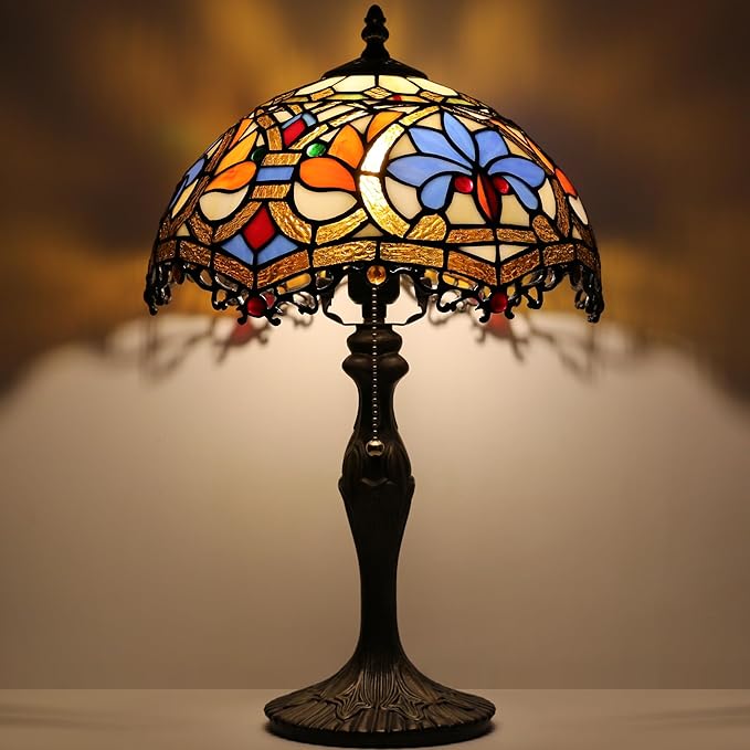 Tiffany Lamp Stained Glass Table Lamp 12 x 19” Yellow Phoenix Tail Style Bedside Reading Lamp Decorative Lamp for Desk Living Room Bedroom Office Study Light Home Decor Gift