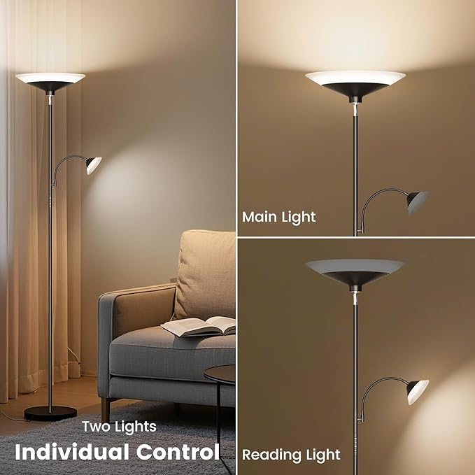 SIBRILLE RGB Torchiere Floor Lamp - 2 Way Dimmable LED Standing Lamp with Remote&Button Control, 34W Rotatable Floor Reading Light, 72'' Tall Modern Corner Lamp for Living Room Bedroom Office, Black
