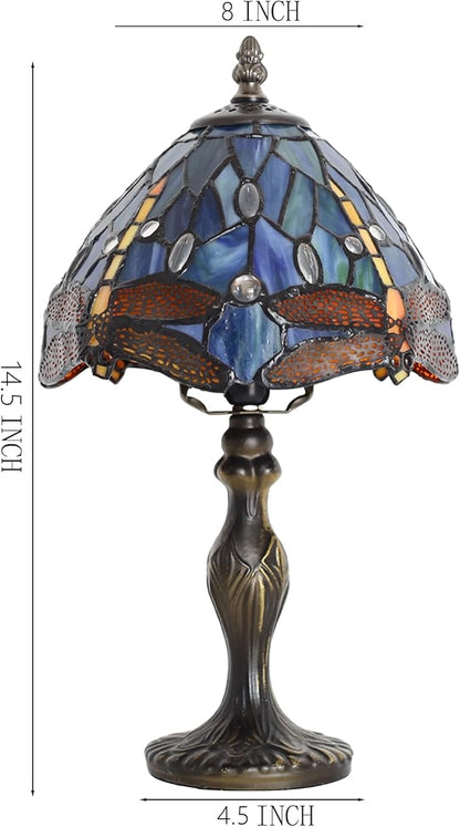 Tiffany Style Lamp Stained Glass Table Lamp 8 x 14.5 Mini Accent Light Blue Dragonfly Design Small Decorative Bedside Reading Memory Lamp