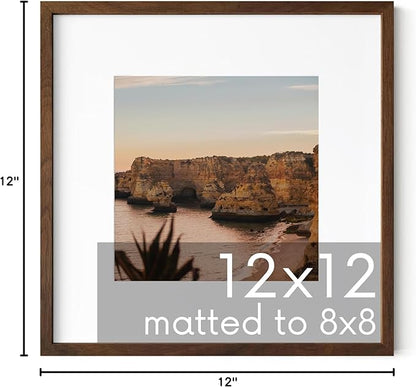 HAUS AND HUES Walnut Oak Wood 12x12 Picture Frame Matted to 8x8 - Square Frame with Plexiglass, Minimalist Wall Display (12x12 in, Walnut, Set of 1)