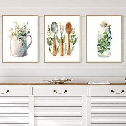 YFvrPt Boho Kitchen Wall Decor Set of 3 Dining Room Canvas Poster Kitchen Sage Green Plants Botanical Prints Eucalyptus Leaves Wall Art Minimalist Dining Room Pictures Artwork Unframed 12x16 inch