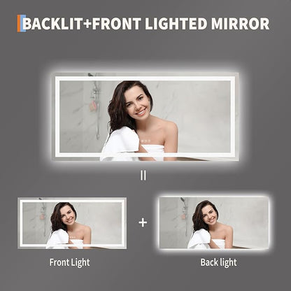 60x30 LED Bathroom Mirror with Lights, Frameless Wall Mounted Vanity Mirror with Front & Backlight, 3-Color Touch Switch, 1.8M Power Cord, Dimmable, for Bathroom
