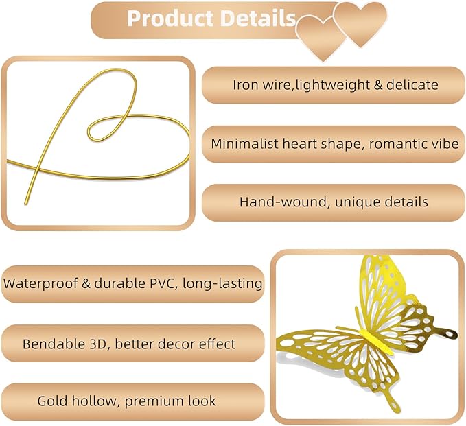 YarnieJiajia Gold Metal Wall Art Decor Wire Hearts And Pvc Butterfly Hanging For Living Room Bedroom Dorm Romantic Minimalist Home Decoration Gift For Women