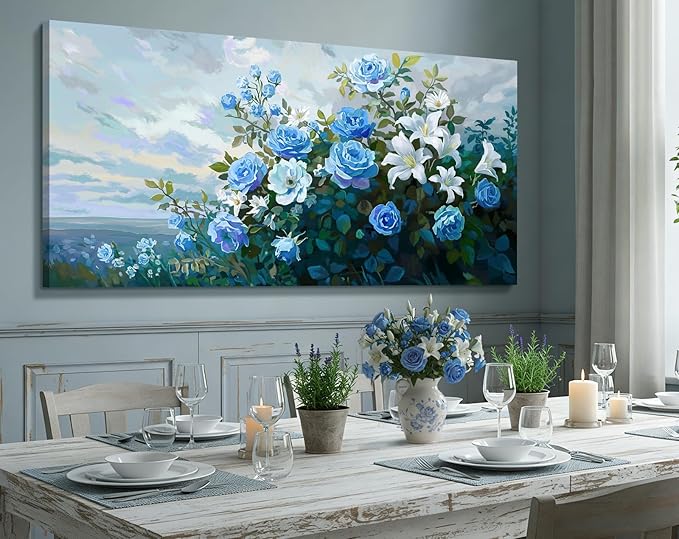 NiceTop 48x24 Inch Large Floral Canvas Wall Art, Waterproof Moisture Resistant Blue Rose White Lily Modern Botanical Artwork with Hanging Kit, Abstract Aesthetic Wrapped Canvas Print for Living Room, Bedroom, Bathroom, Boho Farmhouse Home Decor