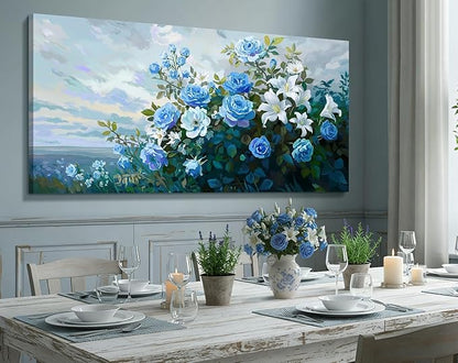 NiceTop 48x24 Inch Large Floral Canvas Wall Art, Waterproof Moisture Resistant Blue Rose White Lily Modern Botanical Artwork with Hanging Kit, Abstract Aesthetic Wrapped Canvas Print for Living Room, Bedroom, Bathroom, Boho Farmhouse Home Decor