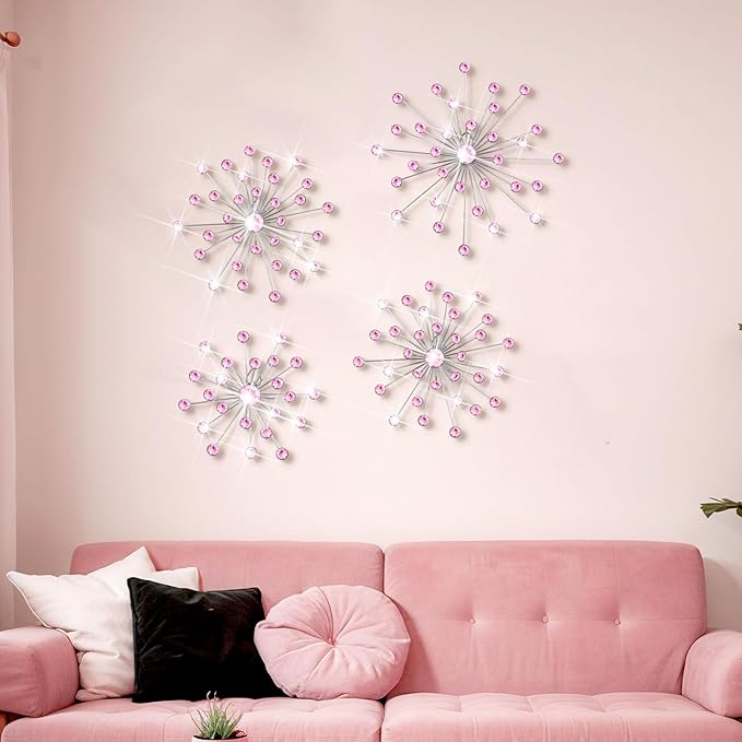 Funnymoom 4 Pcs Pink Starburst Wall Decor Metal Bling Wall Art Pink Crystal Sparkling Rhinestones Bling Decorative Hanging Diamond for Living Room Bedroom Home Office
