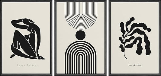 SIGNLEADER Framed Canvas Print Wall Art Set Duotone Matisse Dancer Flower Plant Collage Abstract Shapes Illustrations Modern Art Boho Decorative for Living Room, Bedroom, Office - 24"x36"x3 BLACK