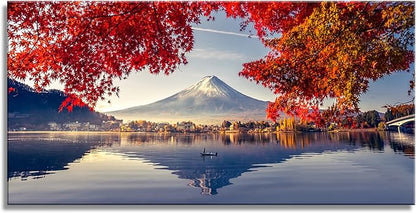 YYYYHPP Canvas Prints Mountain Fuji with morning fog and red leaves at lake Kawaguchiko Nature Picture Wall Art Framed Artwork for Living Room Bedroom Kitchen Home and Office Wall Decor