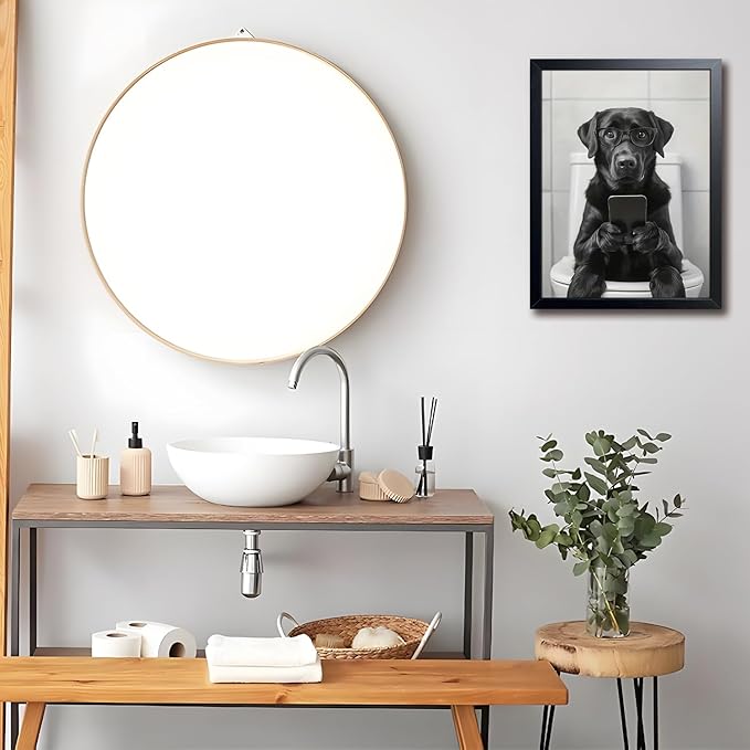 Black and White Bathroom Wall Art, Funny Labrador Dog Canvas Prints Poster, Cute Animal Sitting on Toilet Looking at Phone Picture, Modern Farmhouse Restroom Bathroom Home Wall Decor 12x16 Inch Framed