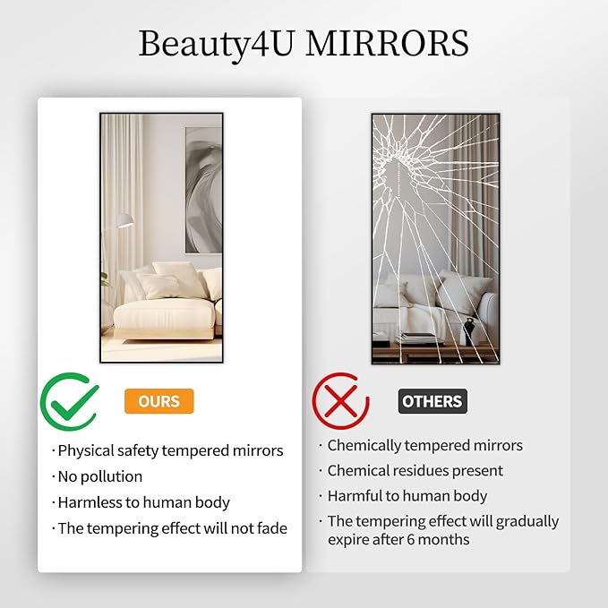 Beauty4U 59" x 16" Full Length Mirror with Stand & Wall Mount, HD Tempered Glass Full Body Mirror for Bedroom, Living Room, Dressing Room, Black Aluminum Frame