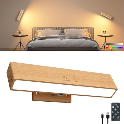Rechargeable Wood Wall Lights with Remote & Touch, 5200mAh Battery Operated Wall Sconce 3 Color Temperatures & RGB. Magnetic, Stick-On, Dimmable Wall Reading Lamp for Bedroom, Living Room, Picture