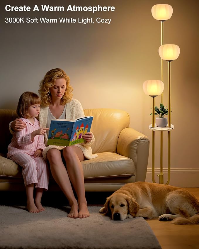 Gold Floor Lamp with Table, Modern Dimmable Floor Lamps with Pumpkin Lampshade, 3000K Soft Warm White Bulbs Included, 3-Light Tall Standing Lamp with 5Lbs Heavy Base for Living Room/Bedroom