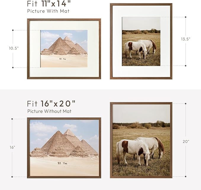 16x20 Picture Frame, 16x20 Solid Oak Picture Frame with Mat, 20x16 Natural Wood Frame for Wall Art Photo, (Walnut Set of 3)