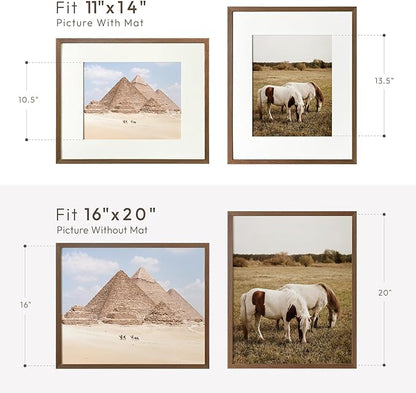 16x20 Picture Frame, 16x20 Solid Oak Picture Frame with Mat, 20x16 Natural Wood Frame for Wall Art Photo, (Walnut Set of 3)