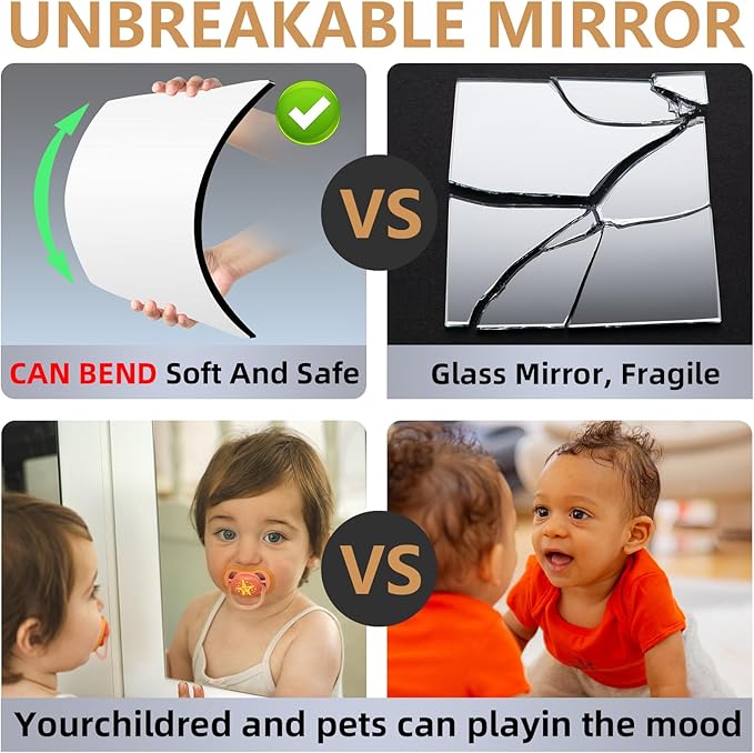 Stick on Small Mirror for Wall Decor,4 Pack 13.8”x13.8” Acrylic Mirror Tiles, Plastic Non Glass Sticky Kids Safety Toddler Mirrors, Shatterproof Mirrors Sheet for Bedroom Closet