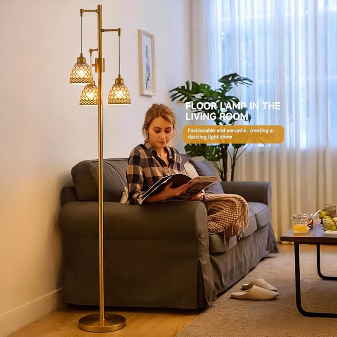-Modern 3-Head Floor Lamp with Crystal Beads, Industrial Metal Standing Lamp Adjustable Hanging Light for Living Room-Gold