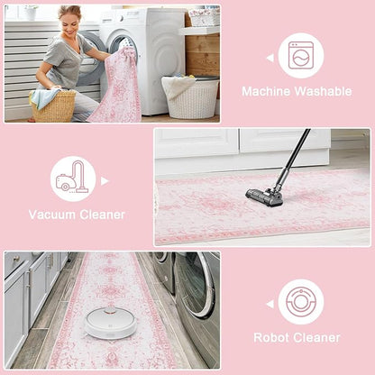 Sofrug Area Rug 6x9 - Vintage Floral Honeycomb Non Slip Backing Carpet - Pink Softer Thicker Faux Wool Rug - Foldable & Machine Washable Rugs for Living Room Bedroom Dining Room Home Office