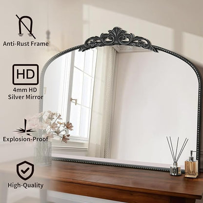 Micasso Large Vintage Black Mirror: 40"x29" French Baroque Antique Arched Mirror - Traditional Ornate Decorative for Wall/Fireplace/Mantel/Entryway/Bathroom/Hallway - Home Decor for Living Room