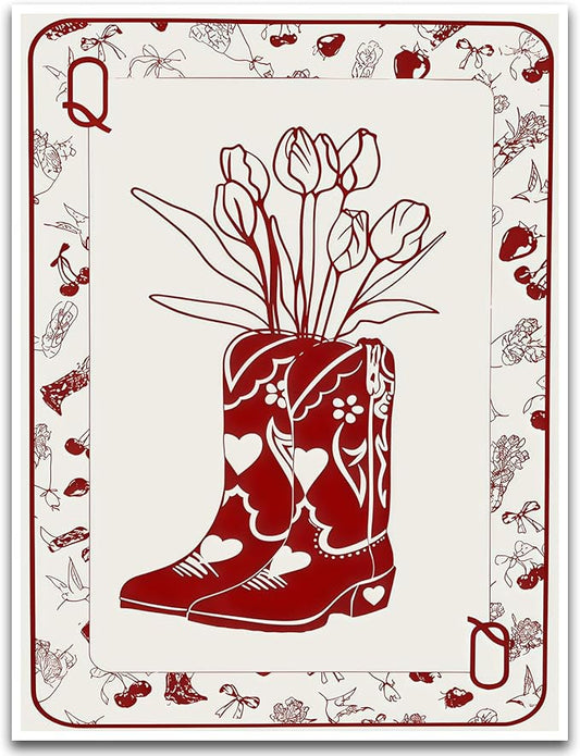 ZHBJSM Cowboy Boot Tulip Wall Art Red White Line Print Poker Style Boho Chic Decor Bedroom Living Room Stylish Western Floral Home Accent 12x16 Inch Unframed