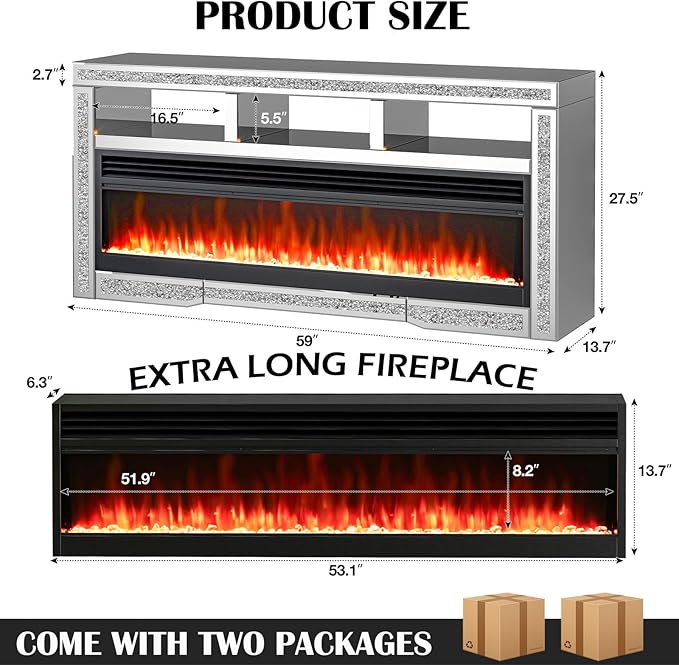 Mirrored Fireplace TV Stand with LED, Silver TV Console Table with Crushed Diamond for 65+ inch TV, Modern Media Entertainment Center with Storage for Living Room