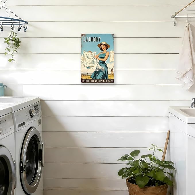 Laundry Vintage Tin Sign Funny Sarcastic Fresh Linens Breezy Days Retro Housewife Design Vintage 1950s Mom 12x8 Inch