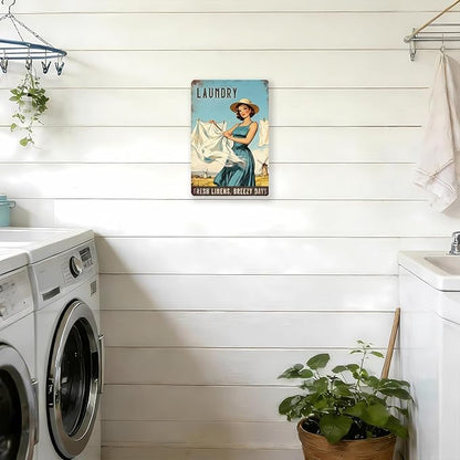 Laundry Vintage Tin Sign Funny Sarcastic Fresh Linens Breezy Days Retro Housewife Design Vintage 1950s Mom 12x8 Inch