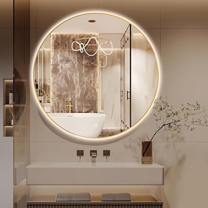 Niccy 44" LED Backlit Round Mirror for Bathroom, Gold Framed Vanity Light Wall Mirror, LED Smart Circle Mirrors with 3 Lighting Colors, Round Lighted Mirror with Anti-Fog, IP65 Waterproof