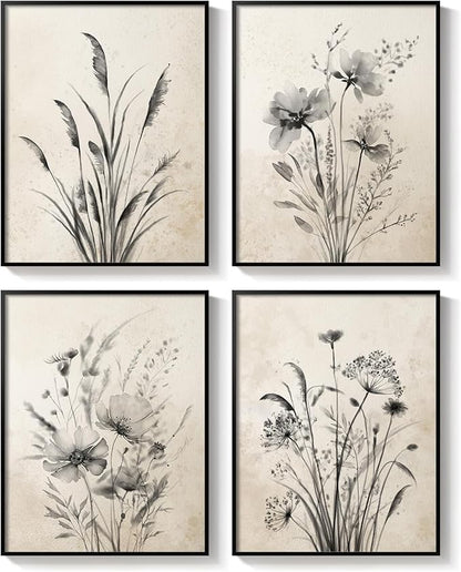 Framed Vintage Botanical Wall Art, 4 Piece Neutral Rustic Boho Floral Canvas Painting Prints for Modern Farmhouse, Black and White Flower Pictures for Living Room Bedroom Dining Room Wall Decor, 12x16