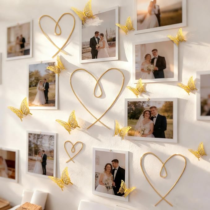 YarnieJiajia Gold Metal Wall Art Decor Wire Hearts And Pvc Butterfly Hanging For Living Room Bedroom Dorm Romantic Minimalist Home Decoration Gift For Women