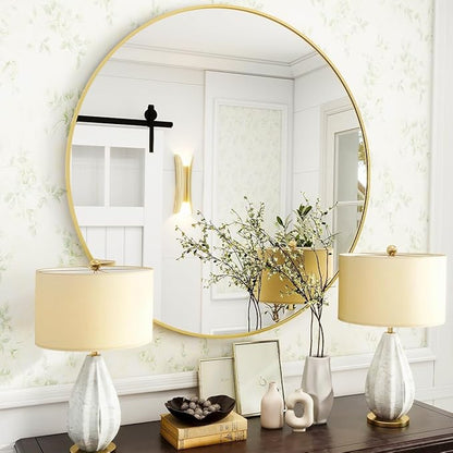 VooBang Gold Round Bathroom Mirror, 24 inch Circle Wall Mounted Hanging Mirror with Simple Modern Circular Metal Frame for Hallway, Entryway, Living Room, Gold Frame