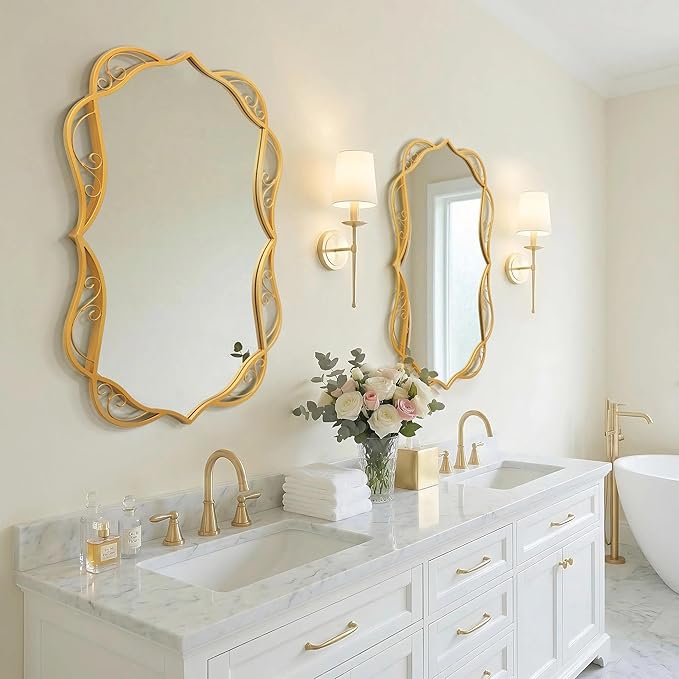 Besdomus Antique Gold Bathroom Mirror: 24"x36" Scalloped Modern Large Bathroom Vanity Mirrors for Over Sink - Farmhouse Decorative Vertical or Horizontal Hanging for Bathroom/Fireplace/Hallway