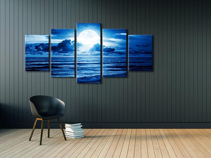 Pyradecor Extra Large Blue Clouds 5 Panels Moon Sea Beach Canvas Wall Art Modern Landscape Canvas Prints Pictures Artwork for Living Room Bedroom Home Decorations