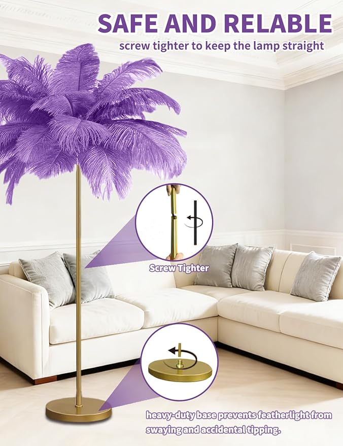 Feather Floor Lamp,Fluffy Ostrich Feather Floor Lamp for Bedroom,3 Color Temperatures Led Corner Modern Floor Lamps for Living Room Christmas Home Decor House Warming Gifts,63″ Height (Light Purple)