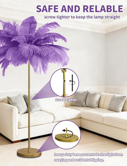 Feather Floor Lamp,Fluffy Ostrich Feather Floor Lamp for Bedroom,3 Color Temperatures Led Corner Modern Floor Lamps for Living Room Christmas Home Decor House Warming Gifts,63″ Height (Light Purple)