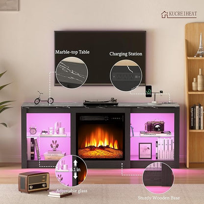 Kucreiheat 58 inch TV Stand with Fireplace-Entertainment Center with LED & Outlet for 65 inch TV-Black Media Console with Adjustable Glass Shelves, Modern TV Cabinet for Living Room/Bedroom
