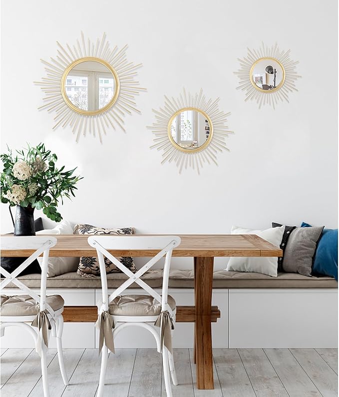 Large Gold Spoked Sunburst Wall Mirror Boho Home Decor Round Wall Art Mirror Modern Metal Mirrors for Wall Living Room Vanity Bathroom Bedroom Hallway Balcony Entryway 20"