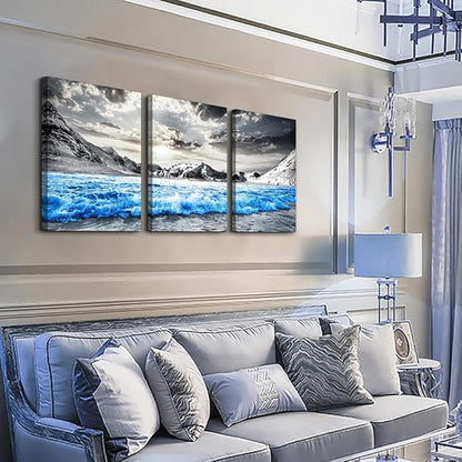 TTHYUEWS Large Canvas Art For Living Room, Bedroom & Office - Black And White Beach Wall Paintings - Blue Sea Wave Pictures - Stretched and Framed 3 Piece