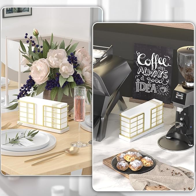 Wican Marble Vertical Stance Bathroom Napkin Holder Takes Up Less Space for Small Guest Bathroom Towel Tray for Powder Room Table Wooden Basket for Disposable Paper Hand Towels Gold and Marble White