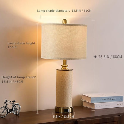 25.5"Boho Weaving Gold Large Table Lamps Set of 2, Touch Control 3-Way Dimmable Farmhouse Bedside Lamps with USB A+C Charging Ports for Living Room/Bedroom/Office-with (2 LED Bulbs Included)